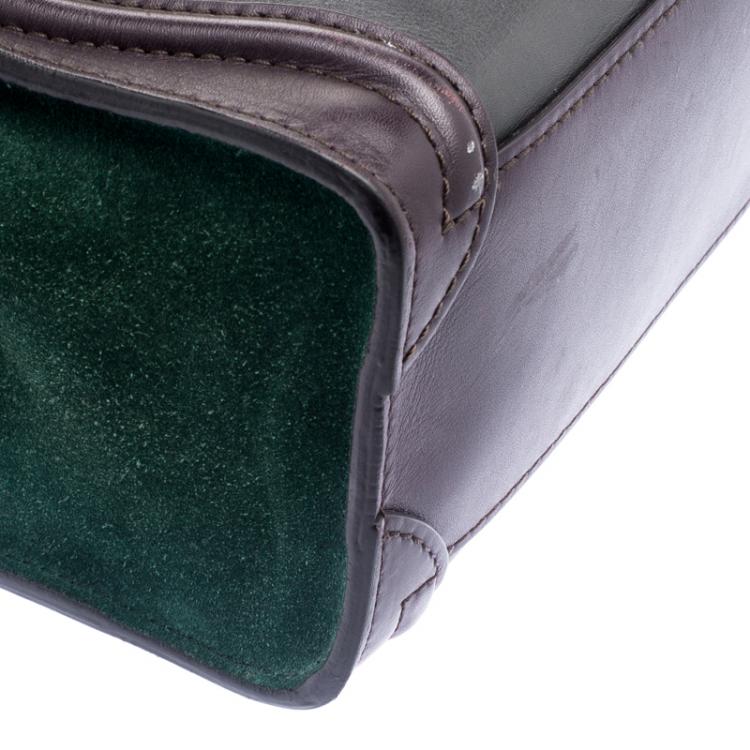 Pre Owned Celine Dark Brown/Green Leather and Suede Nano Luggage Tote