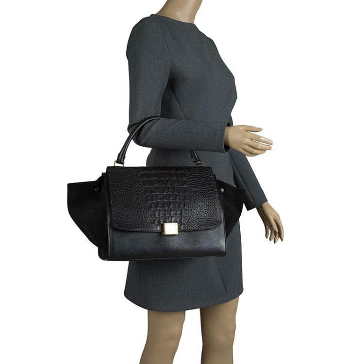 Pre Owned Celine Black Hornback Croc Leather Small Trapeze Top Handle Bag