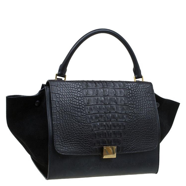 Pre Owned Celine Black Hornback Croc Leather Small Trapeze Top Handle Bag