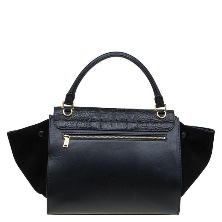 Pre Owned Celine Black Hornback Croc Leather Small Trapeze Top Handle Bag