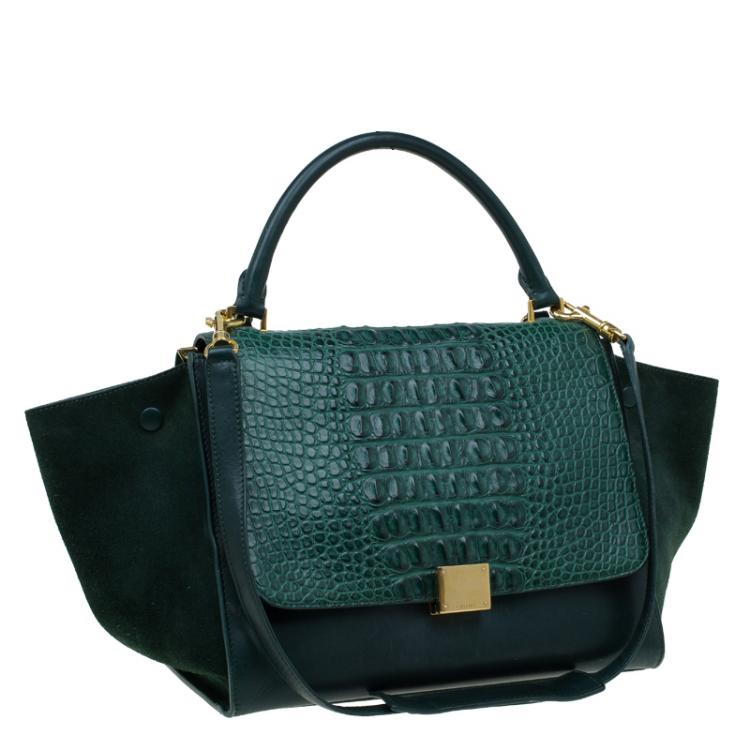 Pre Owned Celine Emerald Croc Stamped Leather Medium Trapeze Bag