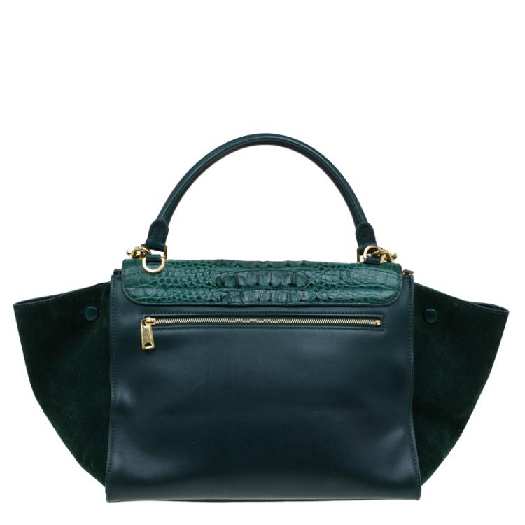 Pre Owned Celine Emerald Croc Stamped Leather Medium Trapeze Bag