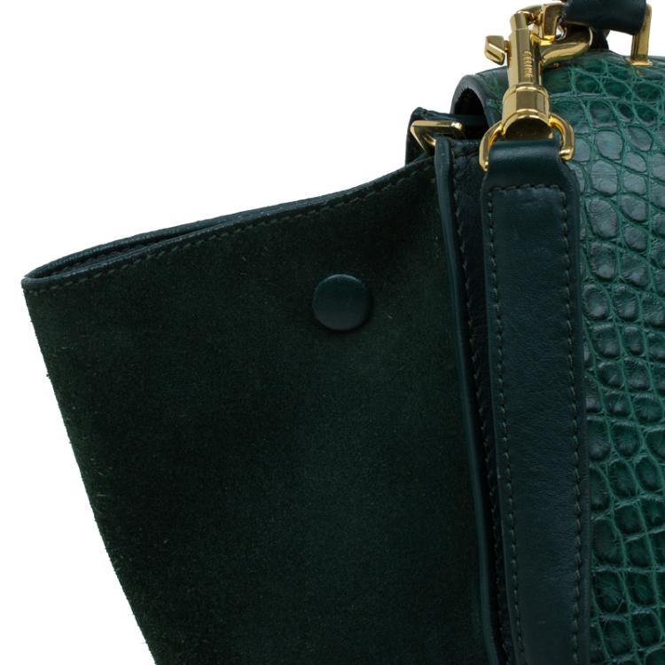Pre Owned Celine Emerald Croc Stamped Leather Medium Trapeze Bag