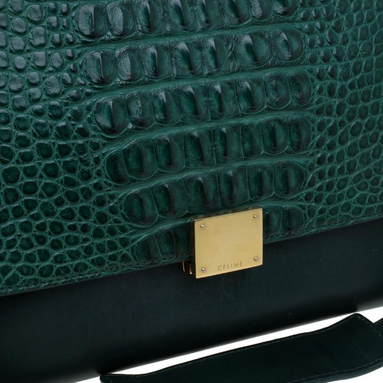 Pre Owned Celine Emerald Croc Stamped Leather Medium Trapeze Bag
