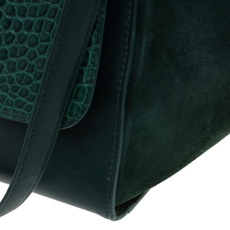 Pre Owned Celine Emerald Croc Stamped Leather Medium Trapeze Bag