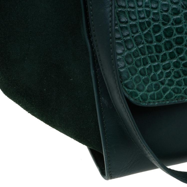 Pre Owned Celine Emerald Croc Stamped Leather Medium Trapeze Bag