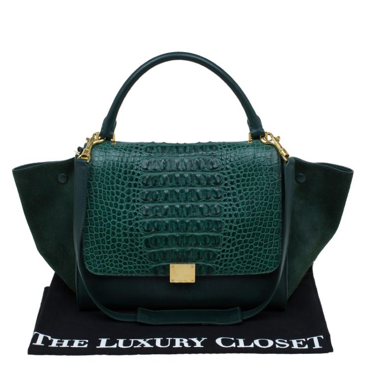 Pre Owned Celine Emerald Croc Stamped Leather Medium Trapeze Bag