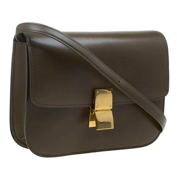 Pre Owned Celine Olive Green Leather Medium Classic Box Shoulder Bag