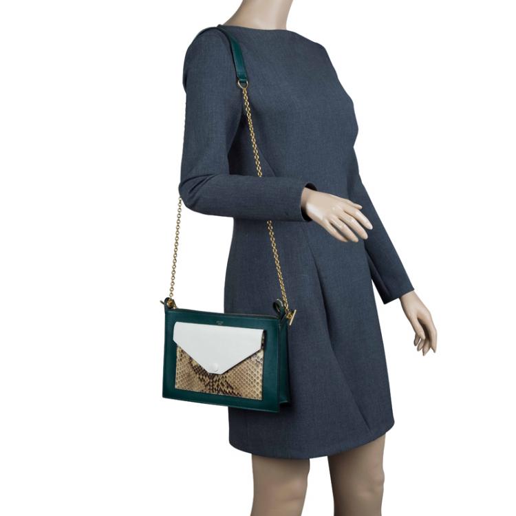Pre Owned Celine Green/White Leather and Snake Skin Medium Pocket Clutch