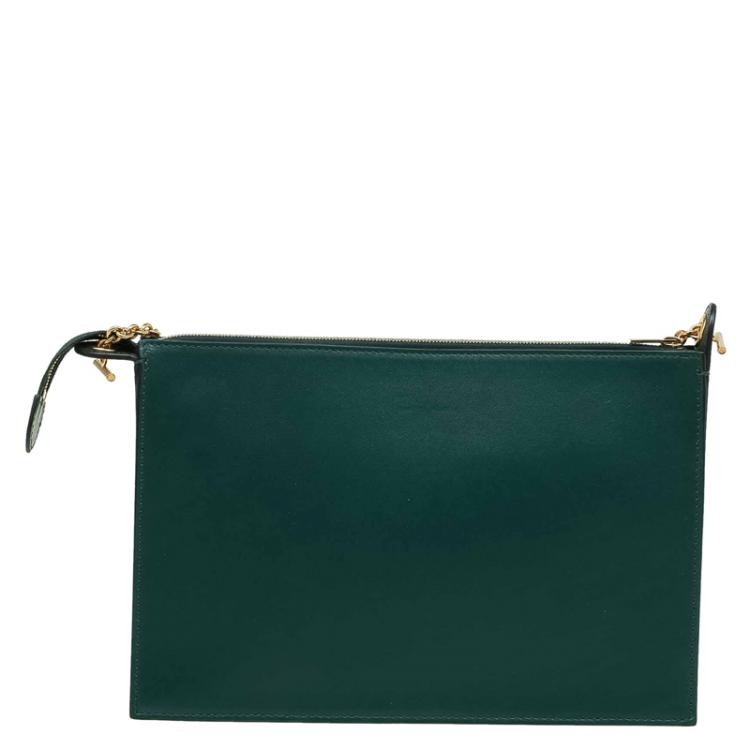 Pre Owned Celine Green/White Leather and Snake Skin Medium Pocket Clutch