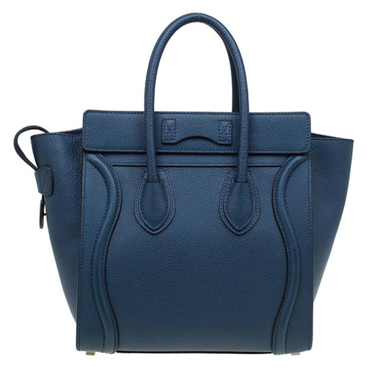 Pre Owned Celine Navy Blue Leather Micro Luggage Tote