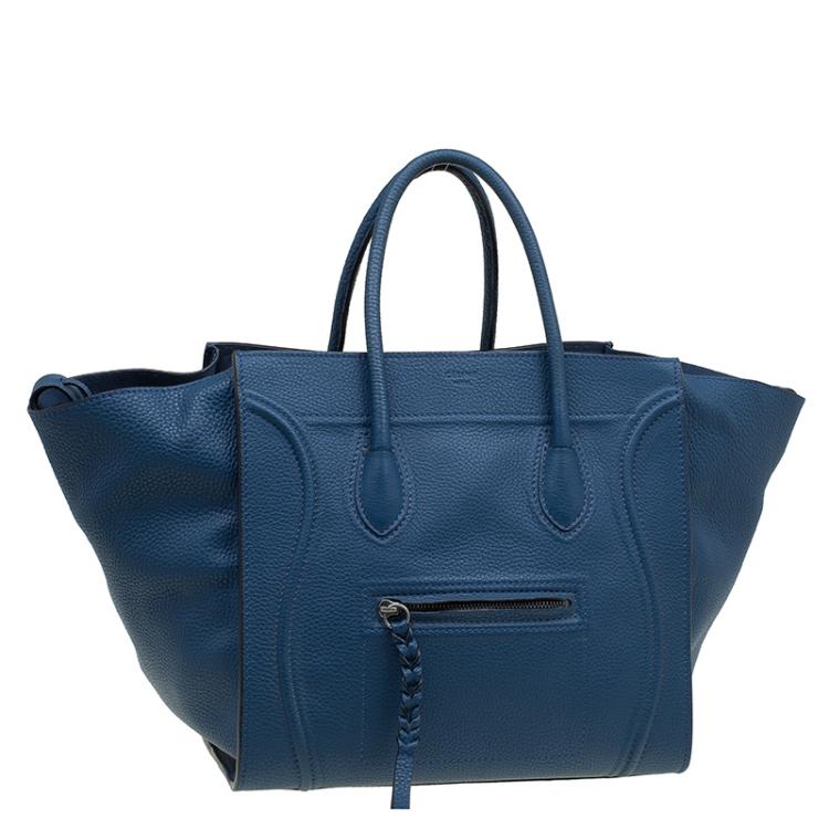 Pre Owned Celine Blue Pebbled Leather Mini Phantom Luggage Tote