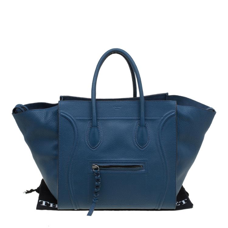 Pre Owned Celine Blue Pebbled Leather Mini Phantom Luggage Tote