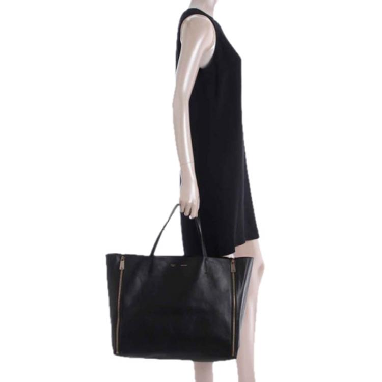 Celine Black Leather Vertical Gusset Zip Mesh Cabas Tote Bag