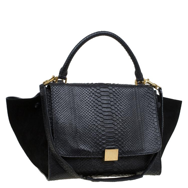 Pre Owned Celine Black Python and Suede Medium Trapeze Bag