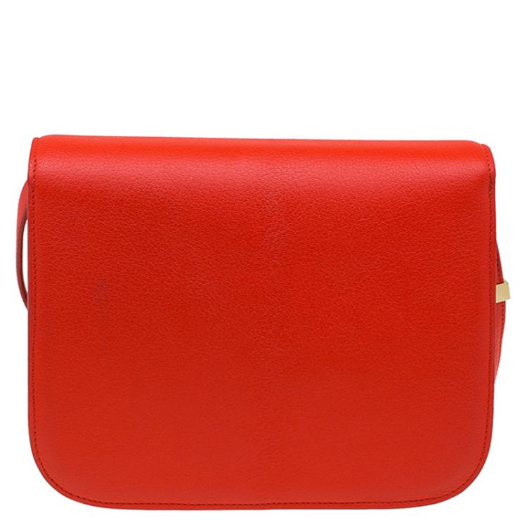 Pre Owned Celine Red Orange Leather Medium Classic Box Shoulder Bag