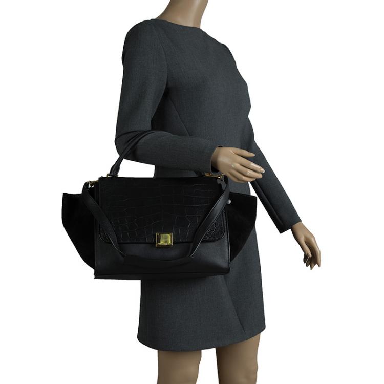 Pre Owned Celine Black Croc Embossed Leather Medium Trapeze Tote