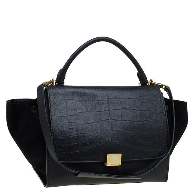 Pre Owned Celine Black Croc Embossed Leather Medium Trapeze Tote
