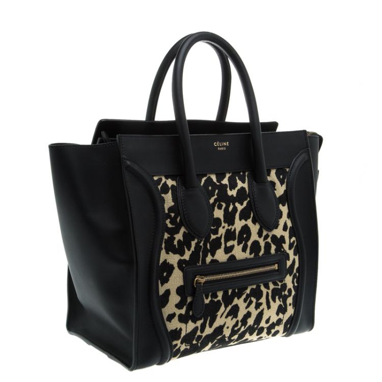 Pre Owned Celine Black Leopard Print Canvas and Leather Mini Luggage Tote
