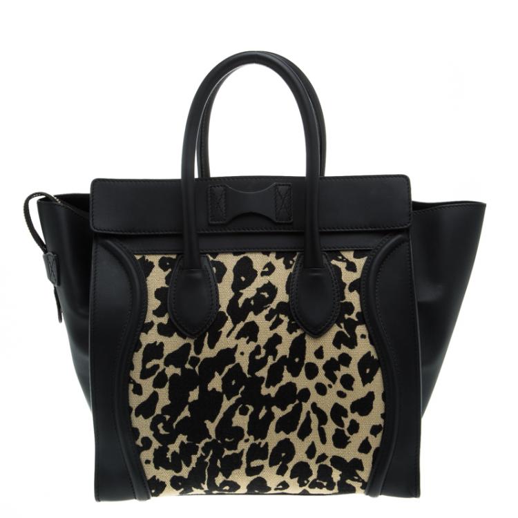 Pre Owned Celine Black Leopard Print Canvas and Leather Mini Luggage Tote