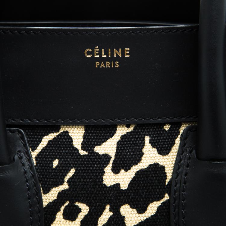 Pre Owned Celine Black Leopard Print Canvas and Leather Mini Luggage Tote