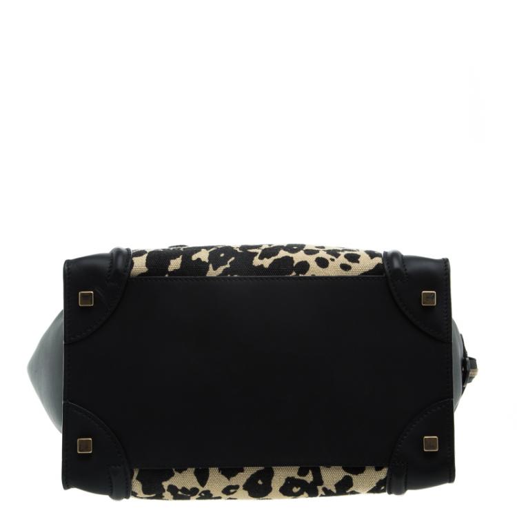 Pre Owned Celine Black Leopard Print Canvas and Leather Mini Luggage Tote