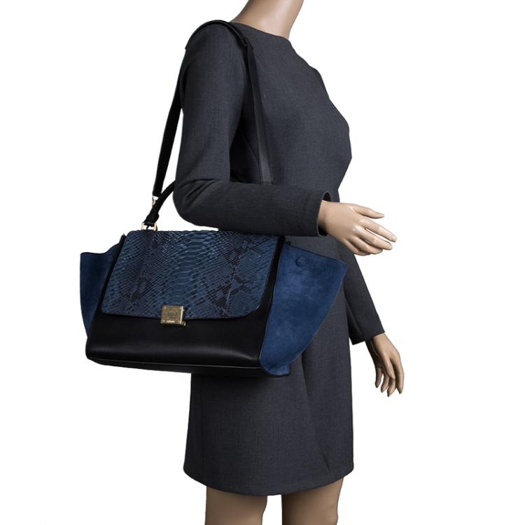 Pre Owned Celine Bi Color Python/Leather and Suede Medium Trapeze Tote