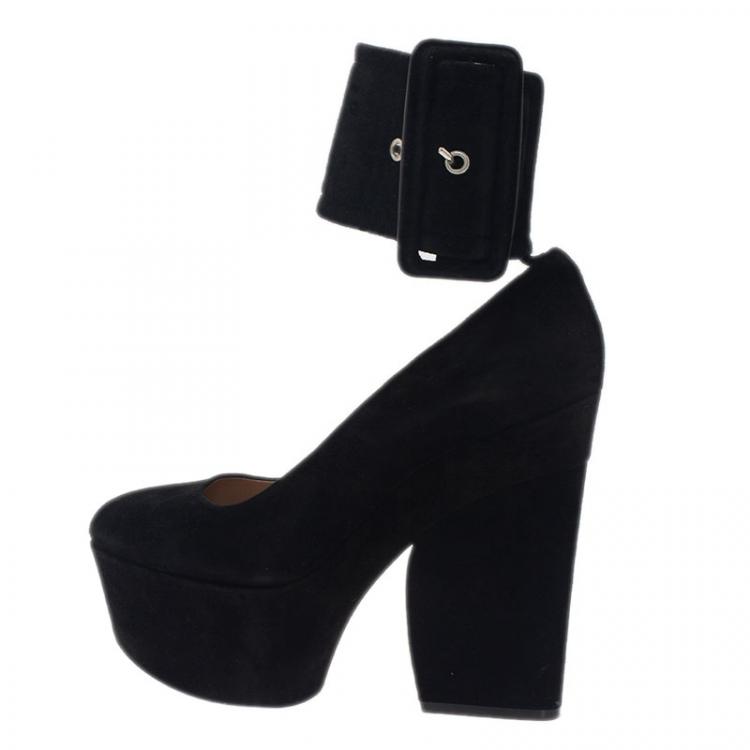 Pre Owned Celine Black Suede Ankle Strap Platform Pumps Size 38