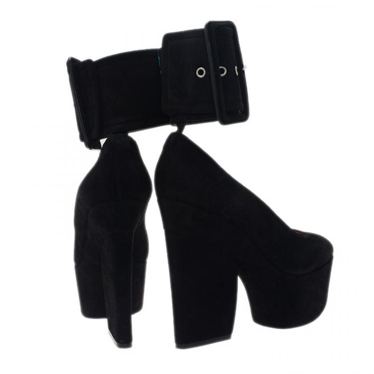 Pre Owned Celine Black Suede Ankle Strap Platform Pumps Size 38