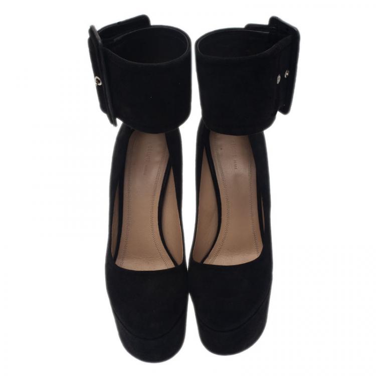 Pre Owned Celine Black Suede Ankle Strap Platform Pumps Size 38
