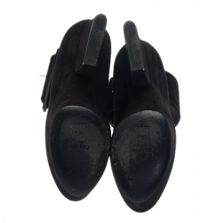 Pre Owned Celine Black Suede Ankle Strap Platform Pumps Size 38