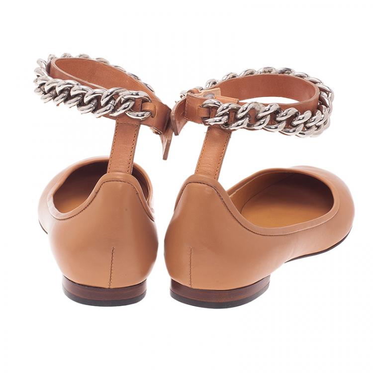 Pre Owned Celine Nude Naturale Leather Chain Strap Ballet Flats Size 38