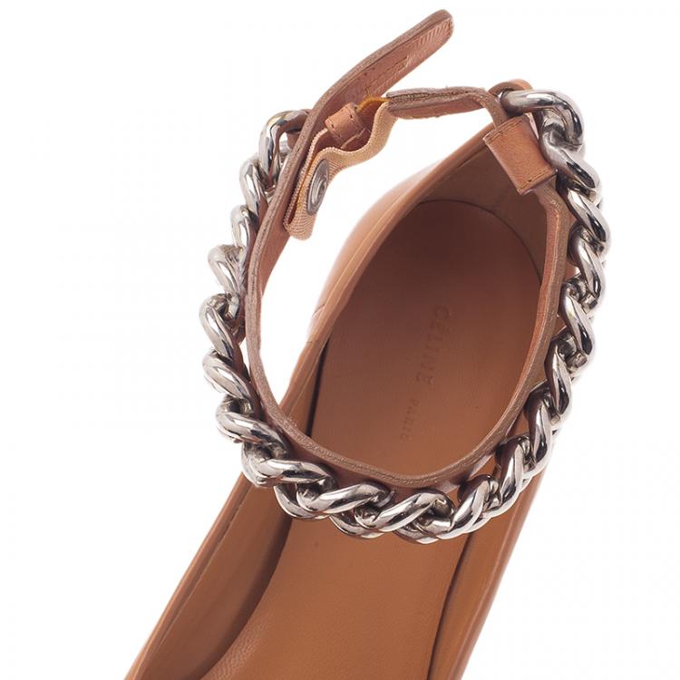 Pre Owned Celine Nude Naturale Leather Chain Strap Ballet Flats Size 38