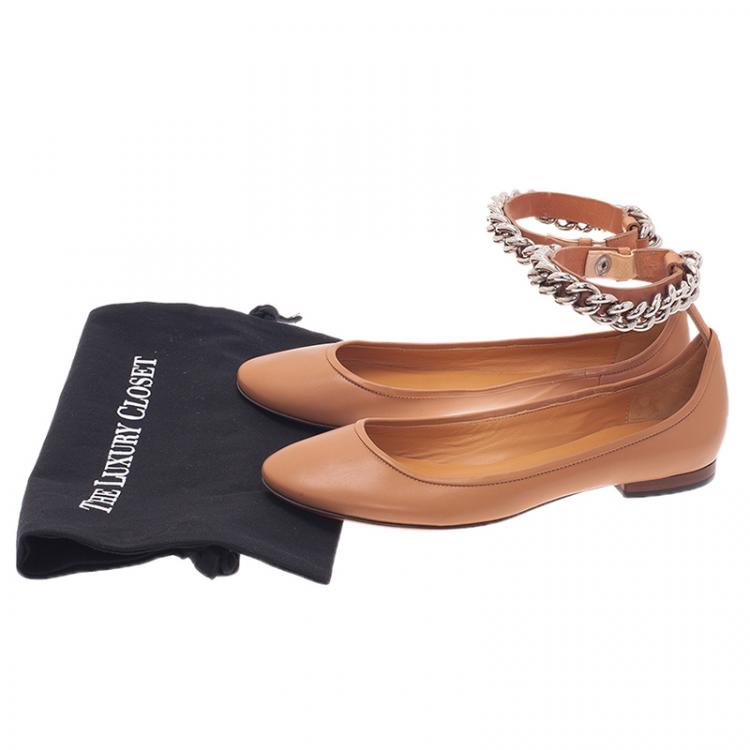 Pre Owned Celine Nude Naturale Leather Chain Strap Ballet Flats Size 38