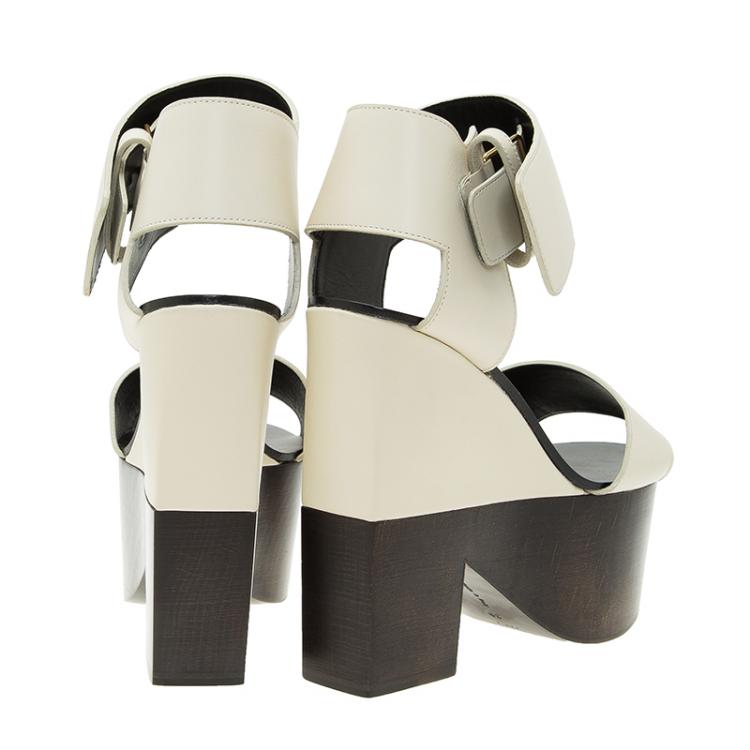 Pre Owned Celine Two Tone Leather Platform Ankle Strap Wedge Sandals Size 39