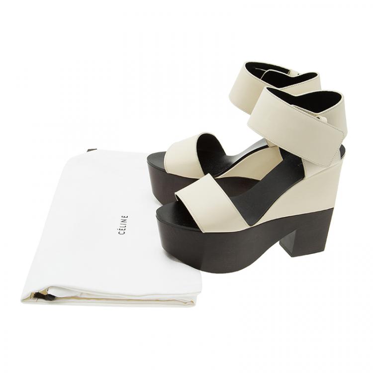 Pre Owned Celine Two Tone Leather Platform Ankle Strap Wedge Sandals Size 39