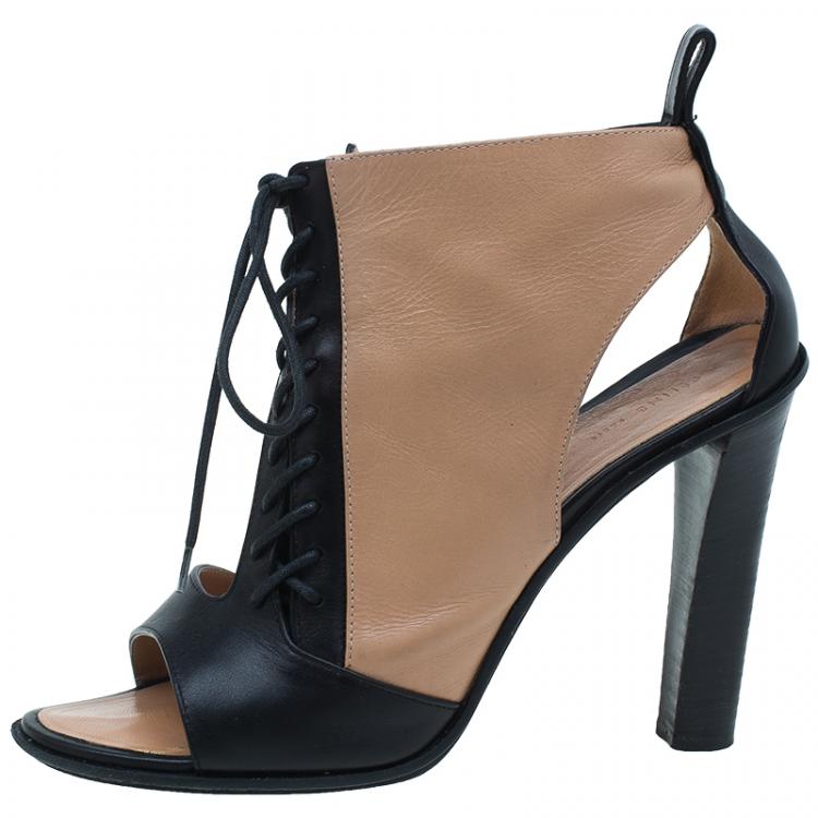 Pre Owned Celine Black and Beige Leather Lace Up Peep Toe Ankle Booties Size 37