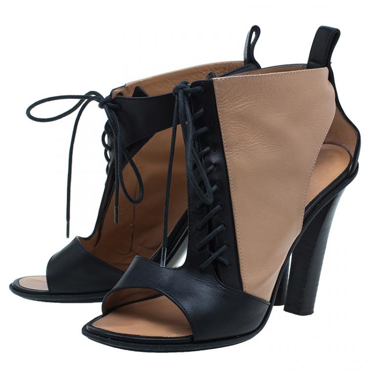 Pre Owned Celine Black and Beige Leather Lace Up Peep Toe Ankle Booties Size 37
