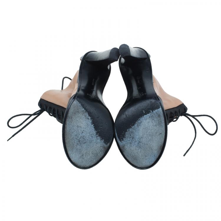 Pre Owned Celine Black and Beige Leather Lace Up Peep Toe Ankle Booties Size 37