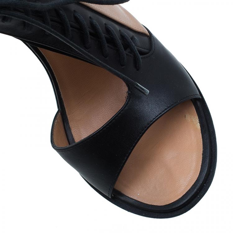 Pre Owned Celine Black and Beige Leather Lace Up Peep Toe Ankle Booties Size 37