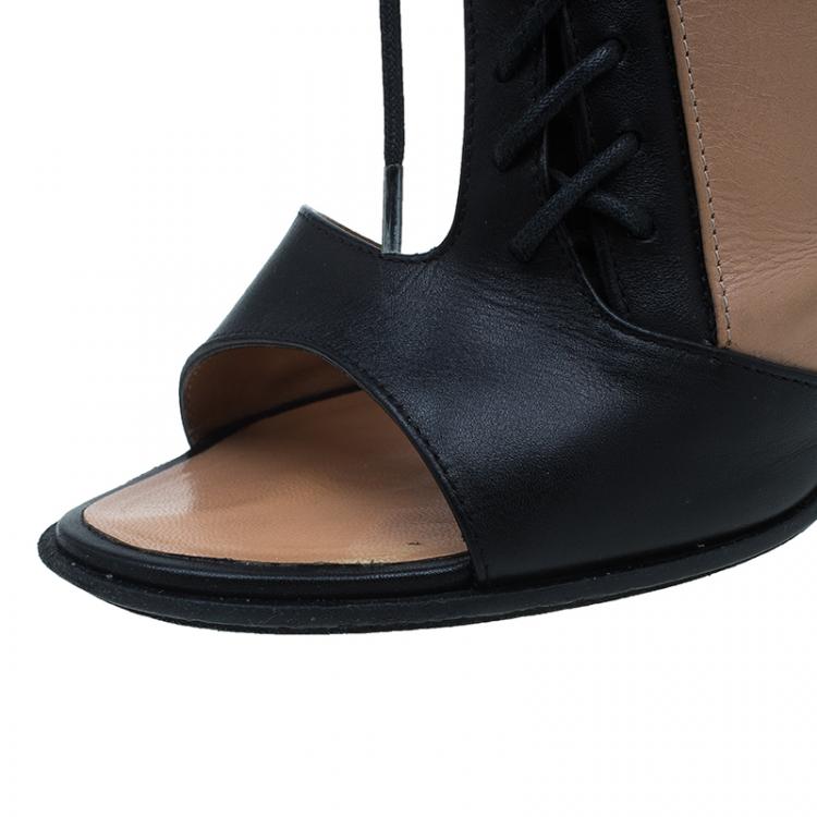 Pre Owned Celine Black and Beige Leather Lace Up Peep Toe Ankle Booties Size 37
