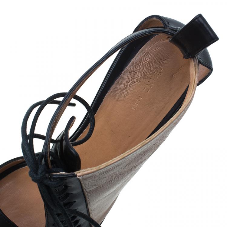 Pre Owned Celine Black and Beige Leather Lace Up Peep Toe Ankle Booties Size 37