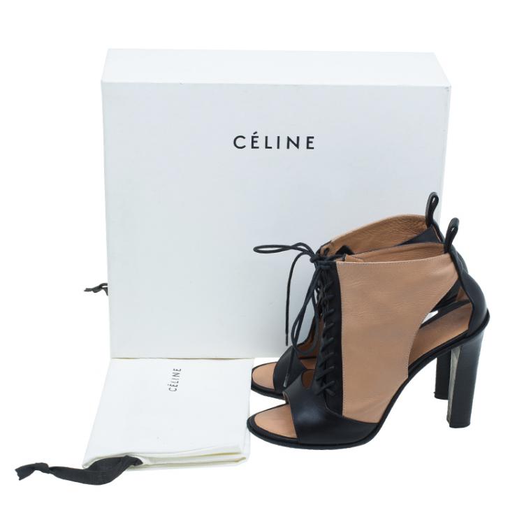 Pre Owned Celine Black and Beige Leather Lace Up Peep Toe Ankle Booties Size 37