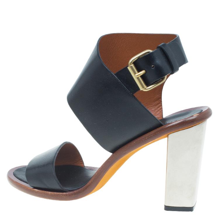 Pre Owned Celine Black Leather Ankle Strap Metal Heel Sandals Size 38