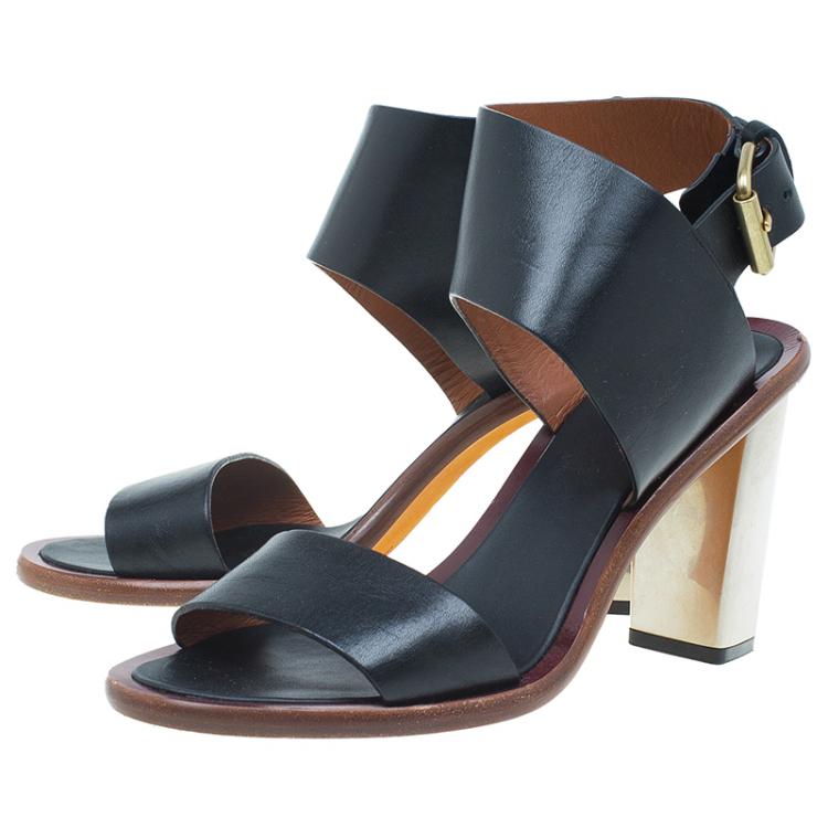 Pre Owned Celine Black Leather Ankle Strap Metal Heel Sandals Size 38