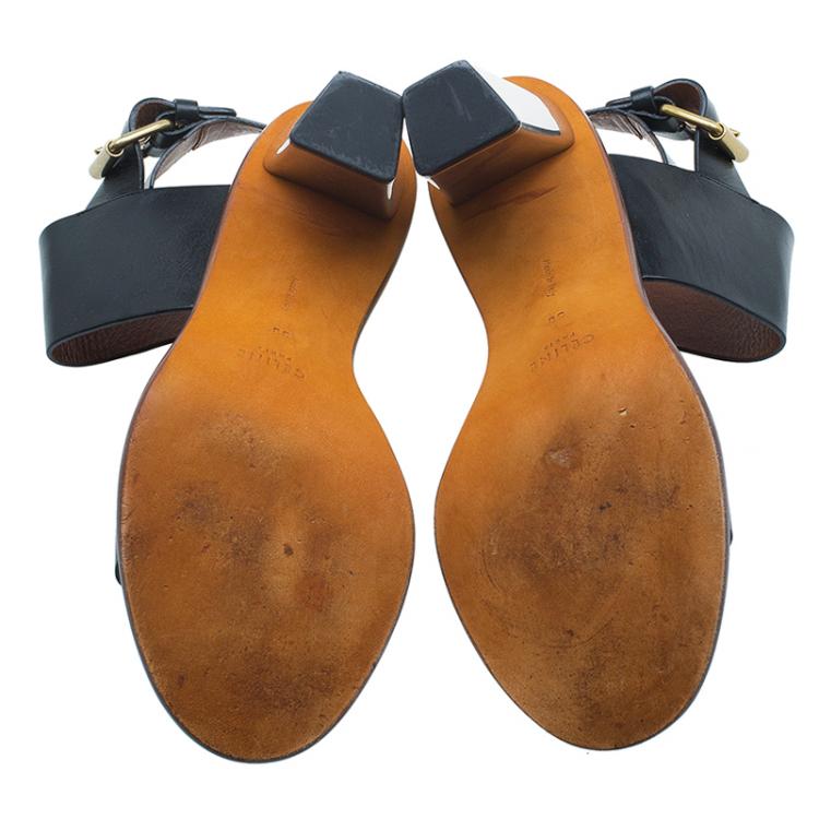 Pre Owned Celine Black Leather Ankle Strap Metal Heel Sandals Size 38