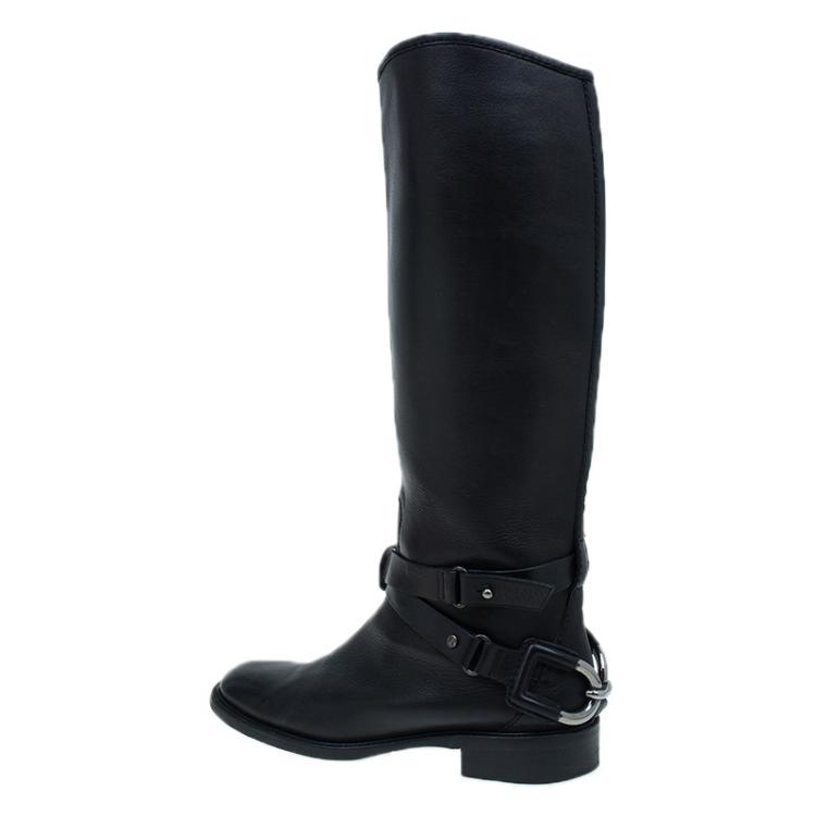Pre Owned Celine Black Leather Buckle Detail Over the Knee Boots Size 39