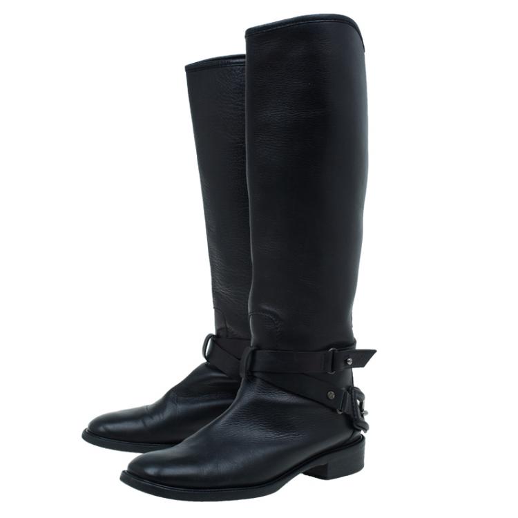 Pre Owned Celine Black Leather Buckle Detail Over the Knee Boots Size 39