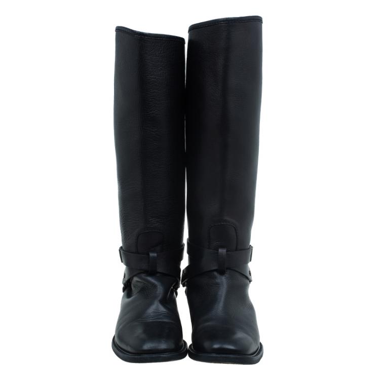 Pre Owned Celine Black Leather Buckle Detail Over the Knee Boots Size 39