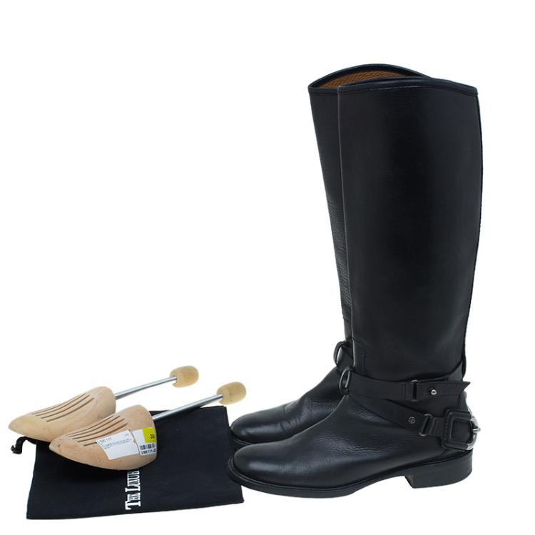 Pre Owned Celine Black Leather Buckle Detail Over the Knee Boots Size 39